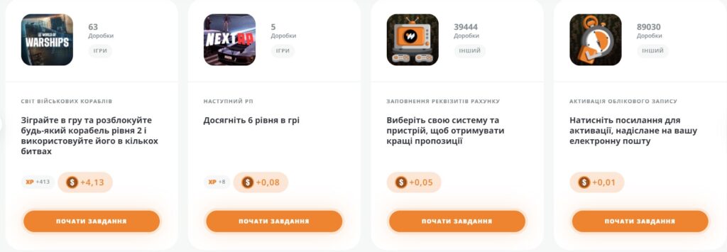 типи завдань на проекті earnweb.com